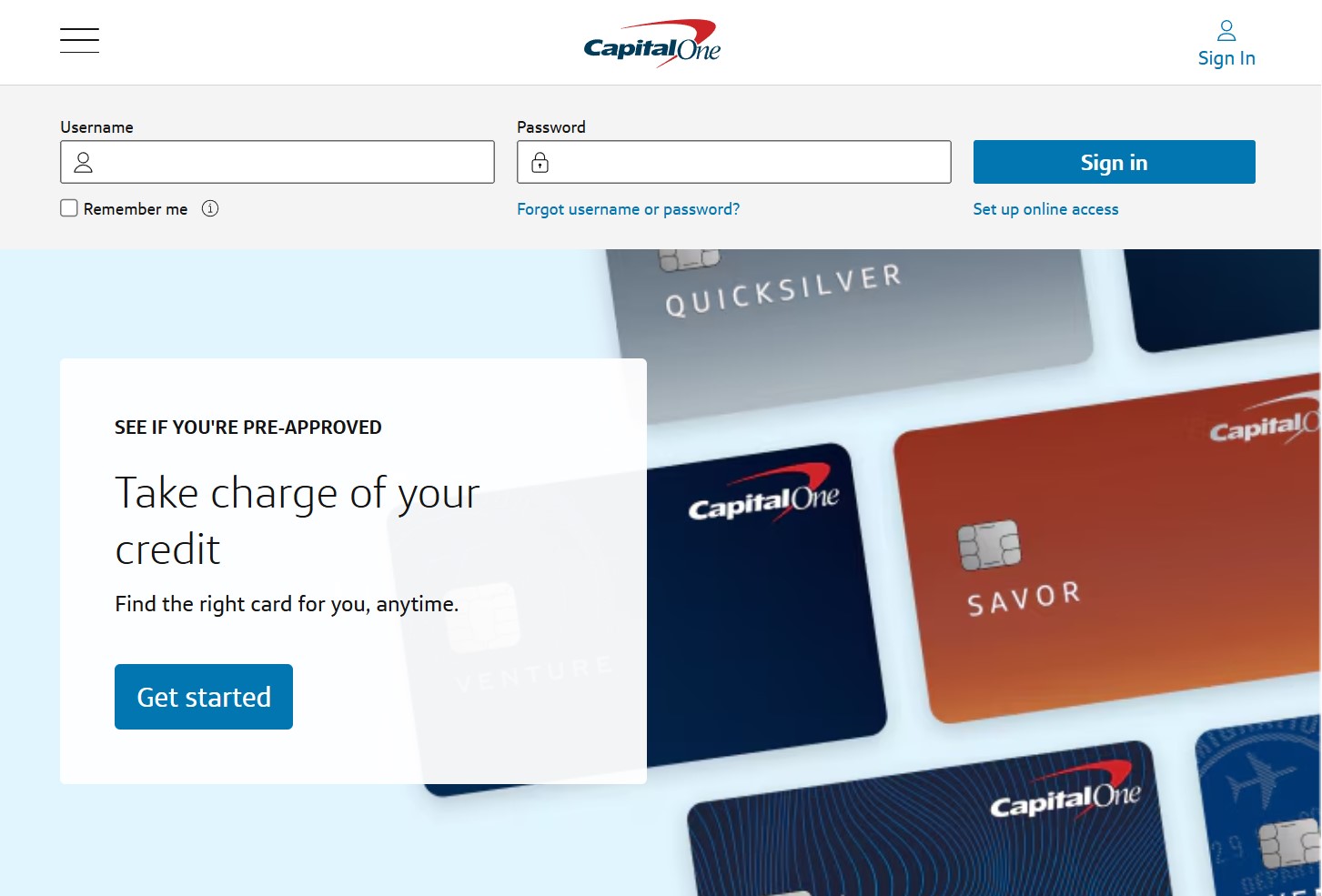 Capital One credit card login page